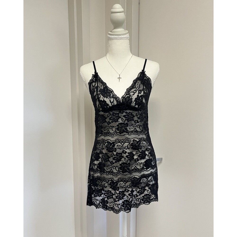 Vintage Rampage Y2K Sheer BlackLace Babydoll Cami Top L Dark Coquette Whimsigoth
